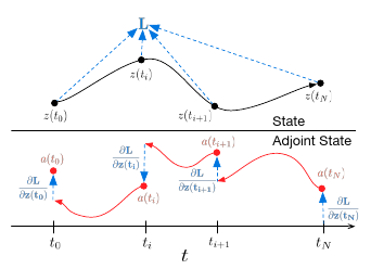 **Backpropagation in time of the adjoint sensitivity** *(Source: [@chenNeuralOrdinaryDifferential2019])*
